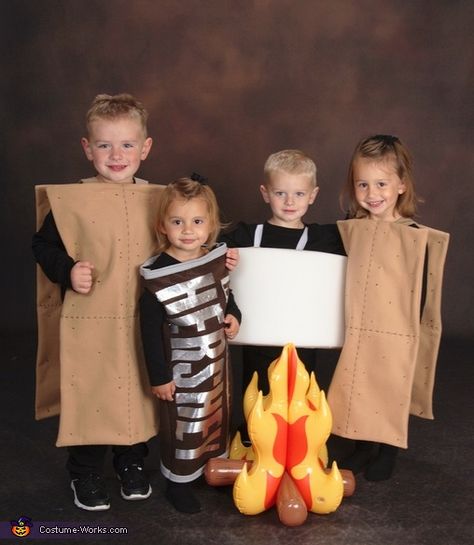 Jennifer: My daughters and friends sons. We go camping every year for a Halloween themed weekend and decided and dress the 4 kids in a group costume. We decided to go... Smores Costume, Halloween Costume Ideas For 3, Twin Photoshoot, Halloween Costumes For Big Kids, Sibling Halloween Costumes, Nativity Costumes, Halloween Camping, Teacher Halloween Costumes, Halloween Costumes 2016