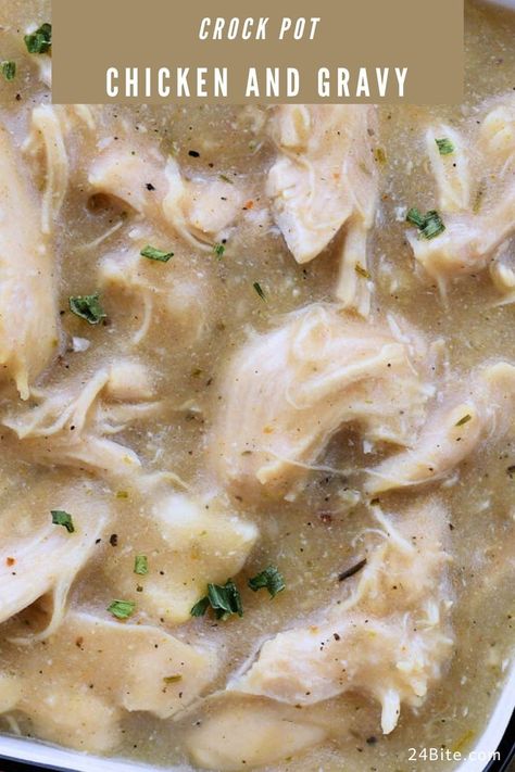 Crockpot Chicken and Gravy is an easy and delicious gluten free recipe for tender chicken smothered in homestyle gravy. Serve with mashed potatoes, rice or gluten free pasta. #24bite #easychickendinner #crockpotrecipes Crockpot Dairy Free, Dairy Free Gravy, Gluten Free Crock Pot Recipes, Crockpot Chicken And Gravy, Chicken Smothered, Chicken And Gravy, Cooking Thanksgiving Dinner, Easy Dinner Recipes Crockpot, Gluten Free Main Dishes