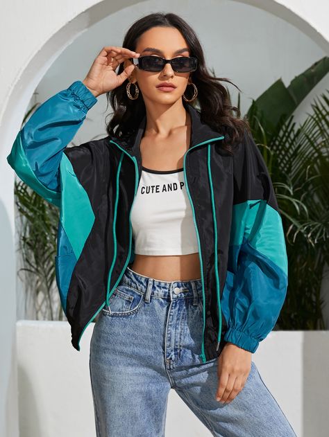 Black Sporty  Long Sleeve Polyester Colorblock Windbreaker  Non-Stretch Spring/Fall Women Outerwear 80s Windbreaker Outfit, 80s Windbreaker, Windbreaker Jacket Women, Women's Windbreaker, Womens Jackets Casual, Windproof Jacket, Wind Jacket, Polyester Jacket, Sports Jacket