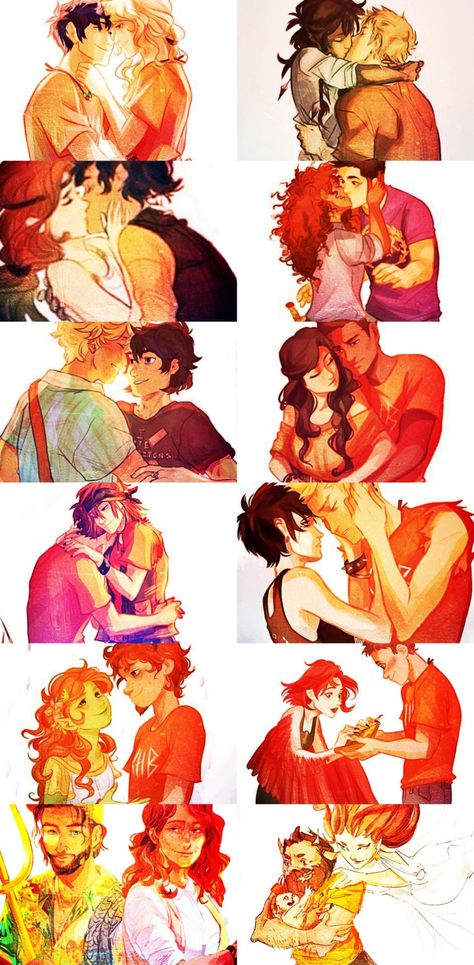 PJO & HoO couples (art by viria) Pjo Viria Art, Percy Jackson Couples Fan Art, Blood Of Olympus Fan Art, Pjo Viria, Percy Jackson Viria, Viria Percabeth, Pjo Fanart The Seven, Pjo Fan Art, Viria Percy Jackson