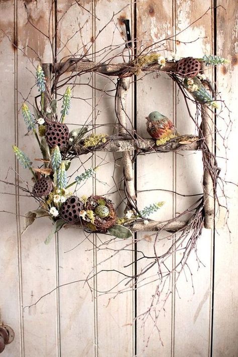 Easter Front Porch Decorations, Easter Front Porch, Takken Decor, Twig Crafts, Easter Outdoor, Twig Art, Rustic Window, Spring Window, Deco Nature