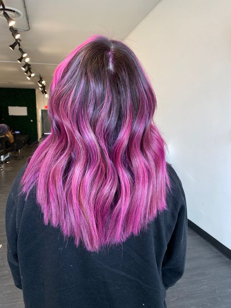 Pink Balyage Long Hair Brunettes, Brown And Turquoise Hair, Pink Bayalage, Pink Balayage Hair, Balyage Long Hair, Pink Purple Hair, Purple Balayage, Turquoise Hair, Pink Lifestyle