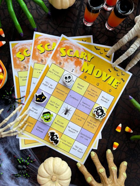 Play Scary Movie BINGO Bingo Movie, Movie Bingo, Bingo Dabber, Clocks Go Back, Fall Harvest Party, Halloween Bingo, Cars Characters, Harvest Party, Movie Watching