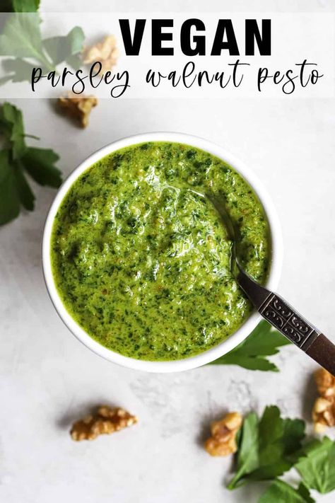 This vegan walnut parsley pesto comes together in minutes with only six ingredients! Parsley is a brightly-flavored and delicious alternative to basil in pesto (not to mention budget-friendly!). Make a batch to use throughout the week on pasta, grilled or roasted veggies, sandwiches, meat, eggs, or fish. #parsleypesto #pesto #vegan #plantbased #herbs Vegan Dressing Recipes, Healthy Dressing Recipes, Pesto Vegan, Parsley Pesto, Vegan Salad Dressing, Vegan Dressing, Radish Recipes, Walnut Pesto, Meatless Main Dishes