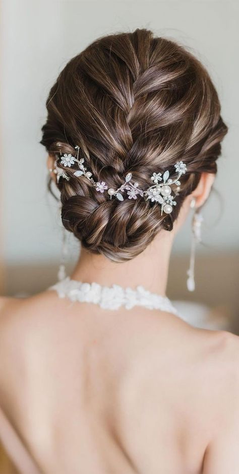 Prom Hair Updo Dark Hair, Prom Updos For Long Hair With Jewels, Braided Formal Updo, Intricate Updos For Long Hair, Medium Length Updo, Formal Hairstyles Updo, Elaborate Braided Updo, Medium Length Brown Hair, Messy Hair Updo