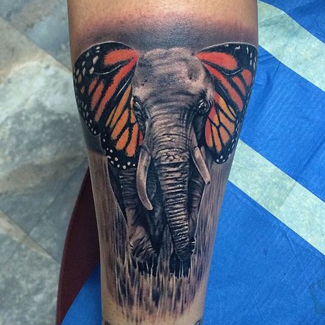 Elephant Butterfly Tattoo, Elephant With Butterfly, Elephant And Butterfly, Butterfly Mandala Tattoo, Butterfly Thigh Tattoo, Thigh Piece Tattoos, Elephant Butterfly, Tattoo Elephant, Butterfly Tattoo Stencil