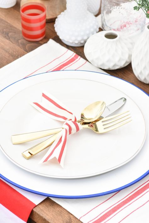 Kara's Party Ideas Backyard 4th of July Party with Gladiator | Kara's Party Ideas Wrapped Silverware, Backyard Barbeque, All Refrigerator, Upright Freezer, Ideas Backyard, Let Freedom Ring, Striped Ribbon, Summer Entertaining, Blue Party