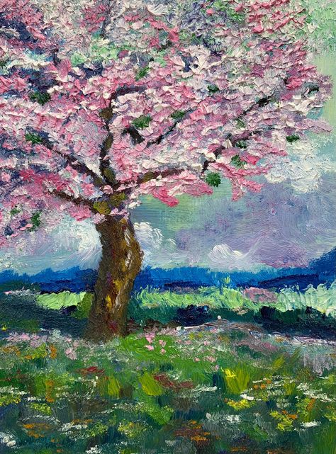 "Blooming Tree Original Painting. Abstract impressionism, 100% ORIGINAL handmade oil painting on a little wood board, one of a kind, NOT PRINT! The beautiful time when Pink Tree Blossom on the Natural Landscape. Oil painting  Impasto with texture painted on wood.   This painting has its story, it has been chosen in the International Light Space Time Contest for the ''Botanicals'' Art Exhibition for Special Recognition in May 2021. It is a big honor to be chosen! The spring is always changing my Loner Quotes, Multicolor Painting, Sakura Painting, Pink Blossom Tree, Spring Field, Oil Paint On Wood, Cherry Blossom Painting, Sakura Tree, Pink Painting