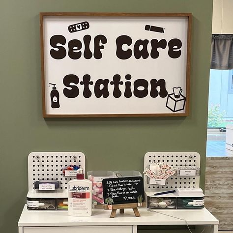 It is so fun to receive photos from customers. I love to see how you style your spaces with decals! Feel free to e-mail your photos or tag us on FB or Instagram. #nurse #nurses #schoolnurse #schoolnurses #schoolhealth #nurseclinic #backtoschool #school #schooldecor #walldecal #selfcare Nurse Break Room Ideas, School Clinic Room Design, High School Nurse Office, School Nurse Office Ideas, School Nurse Office Set Up, Nurse Office Decor Ideas, Self Care Station, School Nurse Office Decorations, Nurse Office Decor