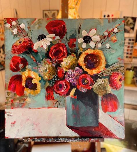 Flowers Oil Paint, Red Painting Ideas, Colorful Painting Ideas, Art Inspo Painting, Red Flowers Painting, Bold Paintings, Flower Vase Painting, Erin Gregory, Bold Abstract Art