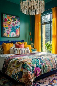 Gem Tone Bedroom Ideas, Colorful Boho Bedroom Jewel Tones, Bold Colour Bedroom, Colorful Decor Ideas, Bright Maximalist Decor Bedroom, Jewel Toned Decor, Jewel Tone Decor Interior Design, Jewel Tone Bedroom Ideas, Gemstone Bedroom