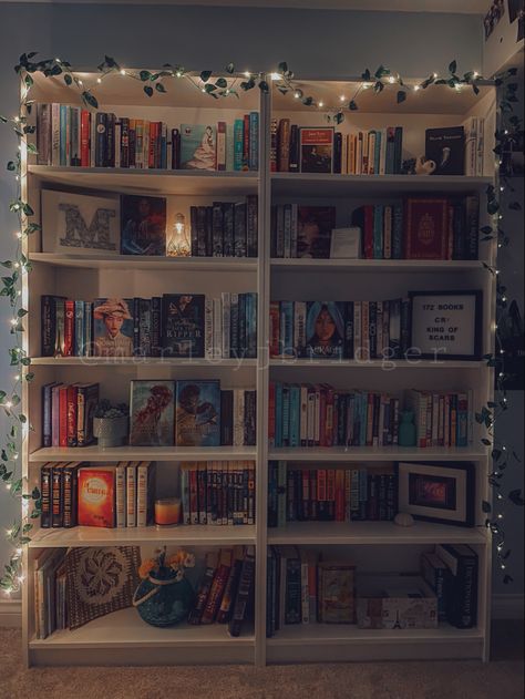 Ivy Bookshelf Light, Book Shelf With Fairy Lights, Bookshelf Styling Bedroom Aesthetic, Dream Bookshelf Aesthetic, Bookish Rooms Aesthetic, Fairy Light Bookshelf, Bookcase With Fairy Lights, Astetic Bookshelf, Bookshelf With Fairy Lights