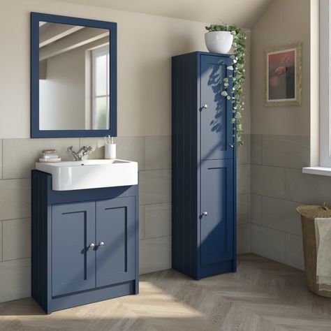 Portugal Decor, Toilet Vanity Unit, Navy Furniture, Navy Blue Bathrooms, Tall Storage Unit, Practical Bathroom, Navy Bathroom, Blue Bathroom Furniture, Blue Bathroom Vanity