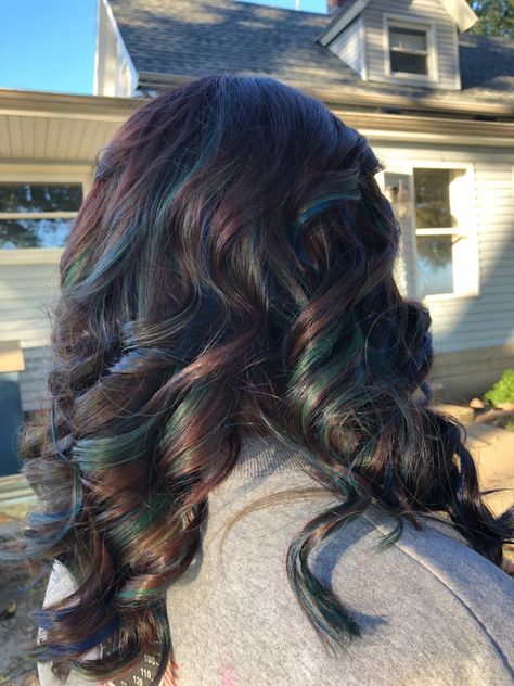 Dark Blue Highlights, Curly Dark Brown Hair, Teal Highlights, Peekaboo Hair, Blue Highlights, Brunette Color, Dark Brown Hair, Blue Teal, Dark Teal