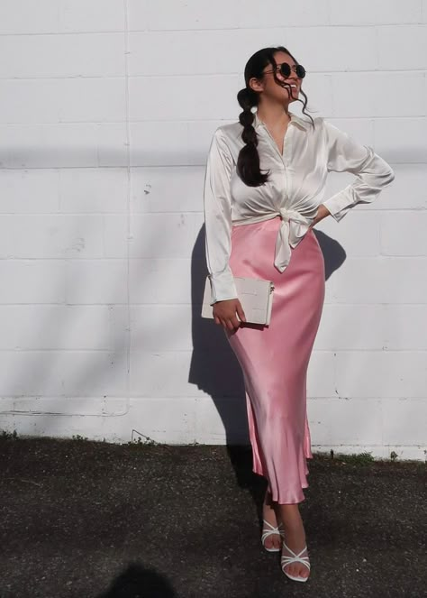 Light Pink Long Skirt Outfit, Pink Maxi Skirt Outfit Aesthetic, Pink Satin Maxi Skirt Outfit, Pink A Line Skirt, Pink Outfit With Skirt, Light Pink Satin Skirt Outfit, Long Satin Skirt Outfit Classy, Satin Pink Skirt Outfit, Silk Skirt Outfit Plus Size