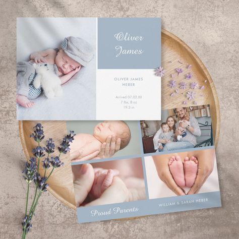 Blue Photo Collage, Elegant Boy, Boy Birth Announcement Card, Modern Birth Announcement, Baby Boy Birth Announcement, Birth Announcement Photos, Birth Announcement Boy, Birth Announcement Card