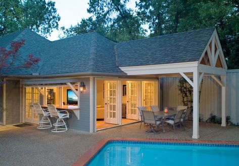 Studio Pool House, Garage Pool House, Backyard Pool House, Pool Garage, Pool Guest House, Pool And Patio, Pool Porch, Pool Shed, Pool House Designs