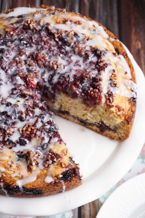 This Triple Berry Coffee Cake is loaded with strawberries, blueberries, and blackberries then finished off with chopped pecans and a simple icing. Berry Coffee Cake, Strawberry Coffee Cake, Best Muffin Recipe, Strawberry Coffee, Coffee Cake Muffins, Cake Muffins, Living Better, Coffee Cake Recipes, Holiday Coffee