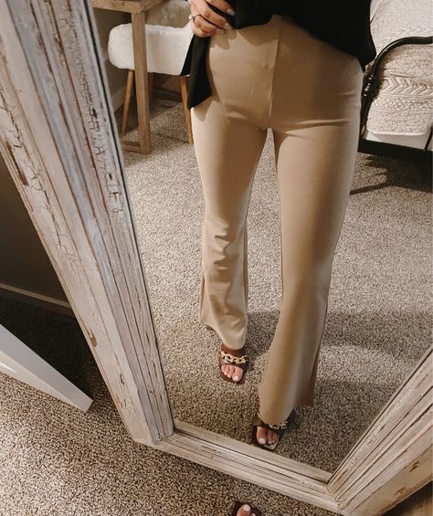 Flared Leggings curated on LTK Tan Flare Leggings Outfit, Tan Flare Pants Outfit, Cream Cardigan Outfit, Flare Leggings Outfit, Neutral Pants, Black Flared Leggings, Work Heels, Beige Leggings, Flared Leggings