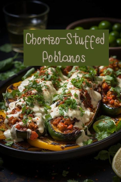 Whip up a spicy delight with our Chorizo-stuffed Poblano Peppers. Quick, easy, and irresistibly delicious! Stuffed Plabano Pepper Recipe, Chorizo Appetizer Recipes, Sausage Stuffed Poblano Peppers, Stuffed Poblano Pepper Recipes, Easy Stuffed Poblano Peppers, Stuffed Poblano Pepper Recipes Beef, Breakfast Poblano Peppers, Chorizo Stuffed Peppers, Stuffed Poblano Peppers Healthy