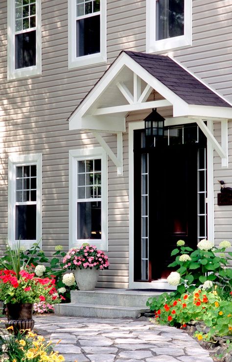 Small Awning Over Front Door, Front Door Porticos, Dormer Over Front Door, Front Entry Portico, Portico Front Door, Gable Awning Over Door, Gable Over Front Door, Back Of Shed Ideas, Awning For Front Door