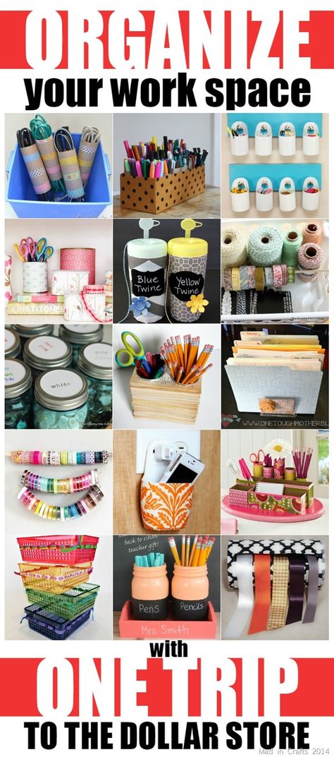 Organize Your Work Space with One Trip to the Dollar Store Diy Desk Organization, Diy Office Organization, Diy Organizer, Dollar Store Organizing, Office Crafts, Craft Room Storage, Diy Desk, Craft Room Organization, Store Organization