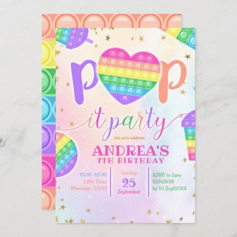 Colorful Pop it Birthday Party Invitation It Birthday Party, Pop It Birthday, Colorful Birthday Party, S Girl, Birthday Board, 1st Birthday Invitations, Colorful Party, Invitation Sizes, Pop It