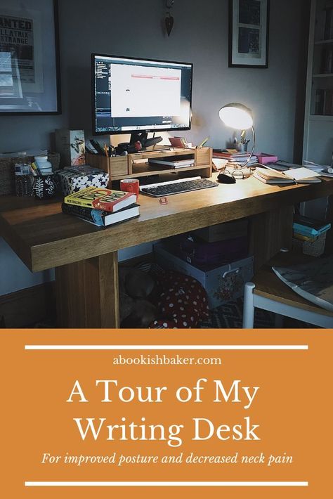 A Tour of My Writing Desk for improved posture and decreased neck pain Writers Office, Writer's Office, Wooden Riser, Journaling Tips, Author Platform, Office Tour, A Writer's Life, Aspiring Author, A Keyboard