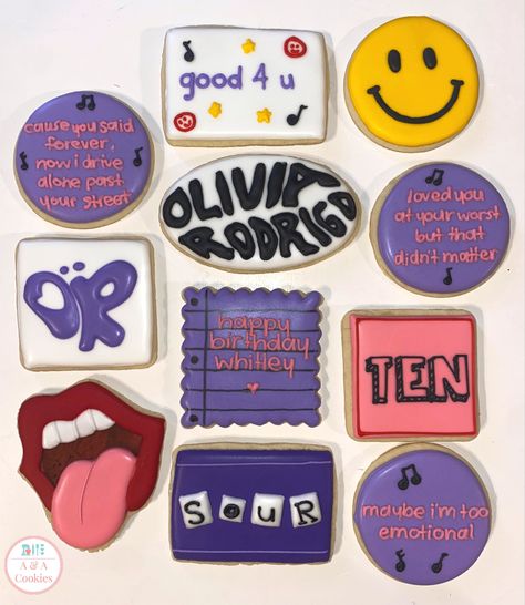 Olivia Rodrigo Cookies, Bday Cookies, Olivia Core, Birthday Things, Homemade Cookbook, Birthday Cakes For Teens, Fav Artist, 13th Birthday Parties, Teen Birthday