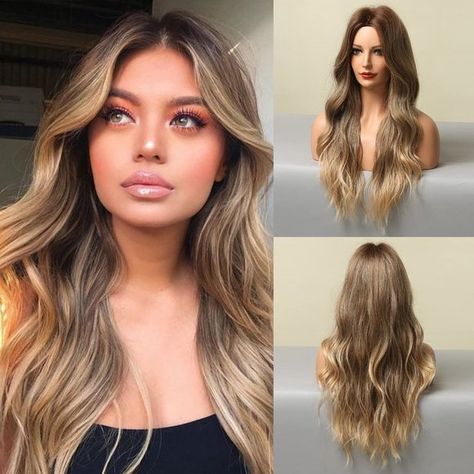 NEW Long Wave Wigs Middle Part Honey Blonde Honey Blonde Color, Sew In Hair Extensions, Blonde Ponytail, Black Hair Extensions, Giving People, Long Curly Wig, Brown Blonde Hair, Short Bob Wigs, Middle Part