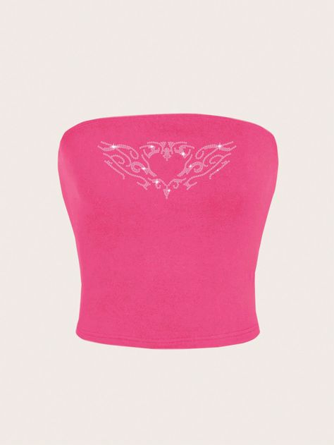 SHEIN Essnce Pink Casual Heart & Angel Wings Rhinestone Pattern Tube Top, Slim-Fitted Women Upper Garment Suitable For SummerI discovered amazing products on SHEIN.com, come check them out! Angel Wings Heart, Neon Outfits, Kids Jewelry, Y2k Fashion, Angel Wings, Tube Top, Pretty Dresses, New Collection, Women Clothes Sale