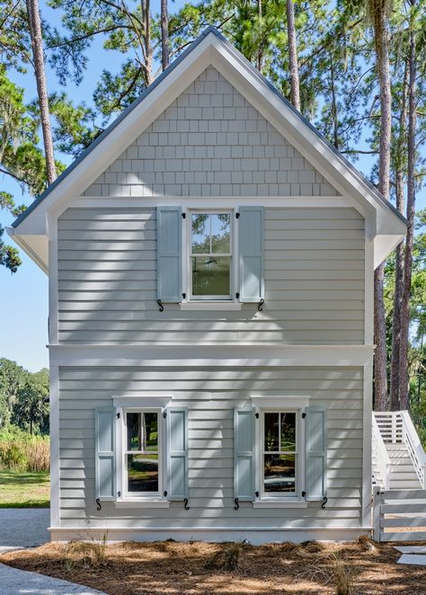 Benjamin Moore Exterior, Stonington Gray, Palladian Blue, Gray House Exterior, Beach House Tour, Island Beach House, Lake Houses Exterior, House Shutters, Blue Shutters