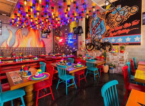 Cafe Ideas Design, Mexican Restaurant Design, Mexican Restaurant Decor, Hidden City, Tea Cup Art, Food Park, Burrito Bowls, Modern Mexican, Bedroom Wall Paint