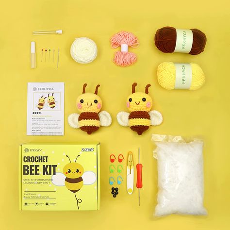 💎【All-in-One Crochet Kit】: The materials, accessories and tools needed to complete the two Little Bees are all in the kit. You don't need to buy any other goods. The yarn and fiber fill we provide have at least 30% redundancy. Totally 26 pieces: 5 strands of milk cotton yarn, hyperelastic fiber fill, ergonomic crochet hook, scissors, glue, needles, markers, Bee's Eyes and Instructions. How To Crochet A Bee For Beginners, Mini Bee Amigurumi Free Pattern, Woobles Crochet Kit, Mini Bee Crochet, Crochet Bee Plushie Pattern, Crochet Animal Amigurumi, Easy Crochet Animals, Crochet Bee, Crochet Kit