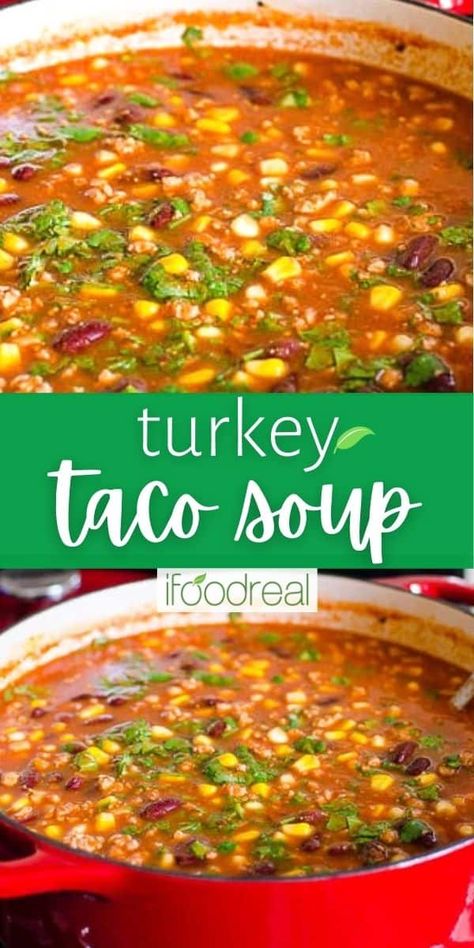 Every spoonful of this Turkey Taco Soup is brimming with flavor thanks to the ground turkey, beans, corn, and a perfectly seasoned broth. It's a hearty and filling 30-minute soup that can easily be made on the stovetop or in a slow cooker for quick weeknight dinners or lazy weekends. Serve with your favorite toppings and enjoy tons of leftovers! Ground Turkey Taco Soup, Turkey Taco Soup Recipe, Soup With Ground Turkey, Turkey Taco Soup, Easy Homemade Soups, Easy Healthy Soup, Ground Turkey Soup, Ground Turkey Tacos, Lazy Dinners