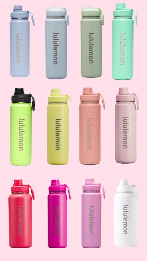 Lululemon water bottles Preppy School Supplies, Locker Organization, Trendy Water Bottles, School Bag Essentials, Lululemon Bags, Cute Water Bottles, Pretty Cups, Utila, 16th Birthday