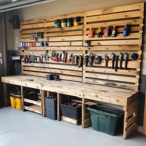 20 Easy Garage Organization and Storage Ideas You’ll Love Camping Storage Garage, Pallet Tool Storage, Pallet Tool, Tool Storage Ideas, Garage Goals, Corner Shelving Unit, Garage Storage Inspiration, Garden Tool Rack, Pallet Storage