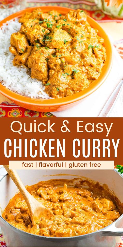 If you are short on time but craving the richness and spice simmered-all-day Indian dish, try this Quick Chicken Curry for a fast and flavorful meal. It starts with cut chicken breasts that cook quickly plus cauliflower and peas in a creamy coconut-based sauce with a kick of fresh ginger, curry powder, and cayenne pepper to give you depth of flavor without a lot of effort. Spoon it over rice and dinner is served! Whole 30 Chicken Curry, Yellow Coconut Curry Chicken, Chicken Curry No Coconut Milk, Quick Chicken Curry Recipe, Thai Peanut Curry Chicken, Curry Dishes Indian, Curry Powder Recipes Chicken, One Pot Chicken Curry, Curried Chicken Recipes