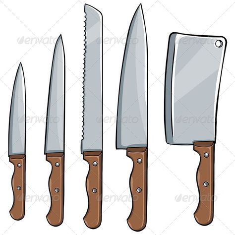 Vector Set of Kitchen Knives  #GraphicRiver         vector set of kitchen knives  	 file types: jpg, eps     Created: 11August13 GraphicsFilesIncluded: JPGImage #VectorEPS Layered: No MinimumAdobeCSVersion: CS Tags: blade #butchers #cartoon #chef #chop #cooking #culinary #dagger #domestic #edge #house #icons #illustrations #isolated #kitchen #knife #meatknife #preparation #serratedblade #set #sharp #single #stainless #steel #vector #woodenhandle #work Kitchen Knife Drawing, Kitchen Items Drawing, Knives Drawing, Cartoon Knife, Knife Cartoon, Knife Illustration, Type Of Knife, Steel Drawing, Kitchen Cartoon