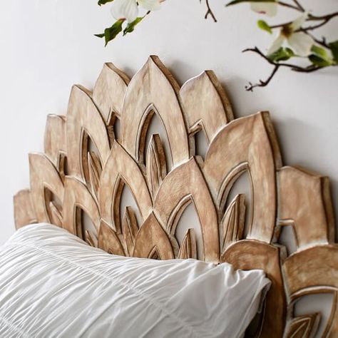 Wood Carved Faux Headboard #pbteen Wood Carved Headboard, Bed Headboard Wood, Moon Bed, Faux Headboard, White Wash Walls, Egyptian Decor, Headboard Wood, Boho Headboard, Women Bedroom