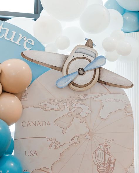 Our Greatest Adventure Baby Shower 🌎✈️🧳 Event Design and Styling + Florals by my client @brittanienglert Backdrop + Balloons + Sweet Cart + Backdrop Design @janettloveshop Dessert @sugarcoatit.bakery.llc #babyshower #ourgreatestadventure #ourgreatestadventurebabyshower #airplane #travelbabyshower #traveltheme #babyshowerbackdrop #adventureawaits Gender Reveal Airplane, Our Greatest Adventure Baby Shower Theme, Adventure Baby Shower Theme, Airplane Baby Shower Theme, Vintage Airplane Baby Shower, Balloons Backdrop, Backdrop Balloons, Dessert Cart, Ideas Bautizo