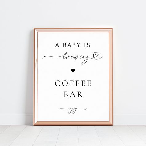 Iced Coffee Bar Baby Shower Ideas, Coffee Bar For Party, Coffee Bar Baby Shower Ideas, Baby Is Brewing Shower Ideas Coffee, Baby Shower Coffee Bar, Mimosas Bar, A Baby Is Brewing Coffee, Baby Shower Drink Station, Baby Shower Signage