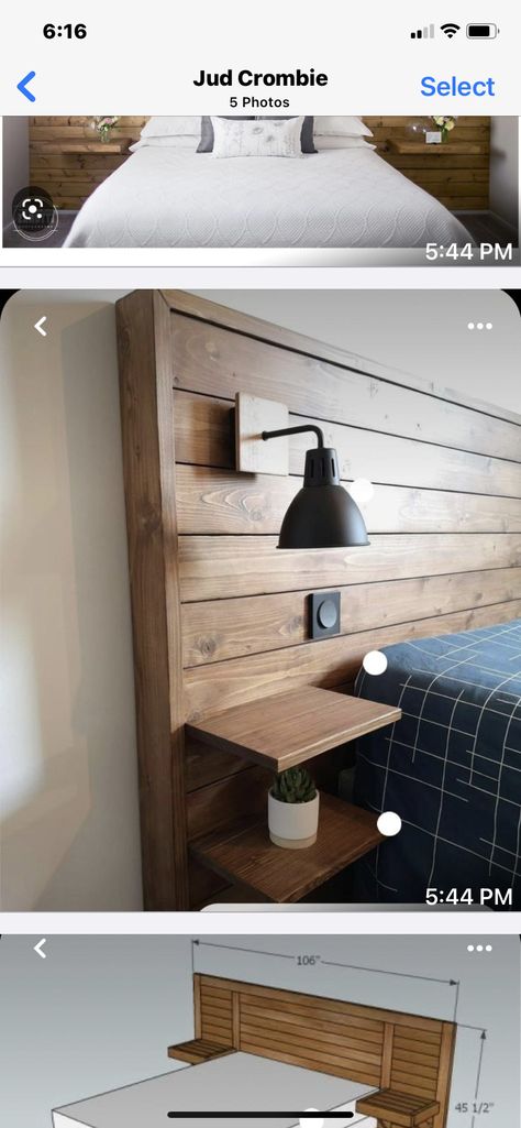 Wood Headboard With Nightstand, Built In Master Bed Headboard, Headboard With Nightstand Attached, Tall Headboard Bedroom Ideas, Master Bed Headboard, Big Headboard, Wood Walls Living Room, Diy Wood Headboard, Diy Bed Headboard