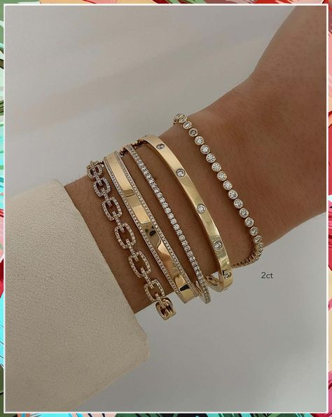 Discover the must-have jewelry bracelet styles for every fashionista! From dainty chains to bold cuffs, elevate your accessory game with these trendy pieces. Whether you're a minimalist or a statement lover, there's a bracelet style for you. Shop now and add some sparkle to your outfit! Gold Tennis Bracelet Stack, Designer Bracelet Stack Gold, Round Tennis Bracelet, Jewellery Inspo Aesthetic, Bracelet Stack Luxury, Elegant Wear For Women, Gold Bracelet Inspiration, Yellow Gold Bracelet Stack, Classy Bracelet Stack