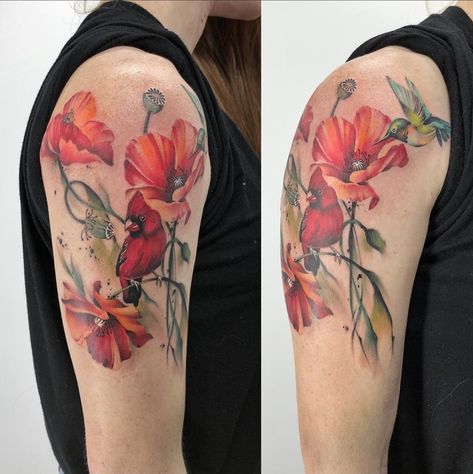 Cardinal Tattoo Memorial Mom, Cardinal And Hummingbird Together Tattoo, Hummingbird Tattoo With Poppies, Hummingbird Cardinal Tattoo, Cardinal And Magnolia Tattoo, Poppy And Hummingbird Tattoo, Cardinal Hummingbird Tattoo, Cardinal And Hummingbird Tattoo, Hummingbird And Cardinal Tattoo