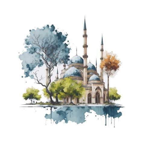 Islamic Art Watercolor Paintings, Mosque Watercolor Paintings, Eid Mubarak Drawing, Eid Drawing, Mosque Drawing, Arch Sketch, Blue Decorations, Interior Design History, Watercolor Vector