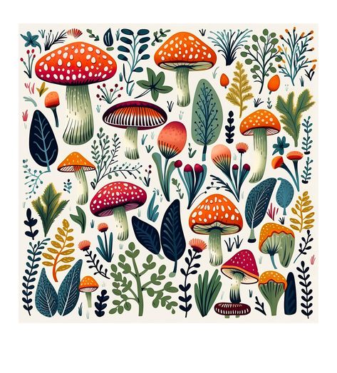 Folk art mushrooms and forest plants printable JPG digital illustration is a woodland print, sticker art/collage sheet, printable card.  Prints up to 12W x 12h inches at 300 dpi resolution.  For best results print on photo paper or art stock quality paper, sticker paper, sublimation or transfer paper.  Download begins as soon as purchase is confirmed.  This listing is for an art image file JPG and is not for a physical product. Forest Folk Art, Autumn Folk Art, Mushroom Folk Art, Mushroom Printable, Mushroom Card, Plants Printable, Plants And Mushrooms, Art Mushrooms, Collage Nature