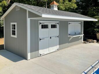 Shed Bar Package | Raise The Bar On Your Storage Sheds Storage Shed Bar Ideas, Bar Sheds Ideas Backyards, Outdoor Bar Shed, Flat Roof Covering, Shed Bar Ideas, Under Deck Storage, Shed Bar, Sheds Ideas Backyard, Pool Shed