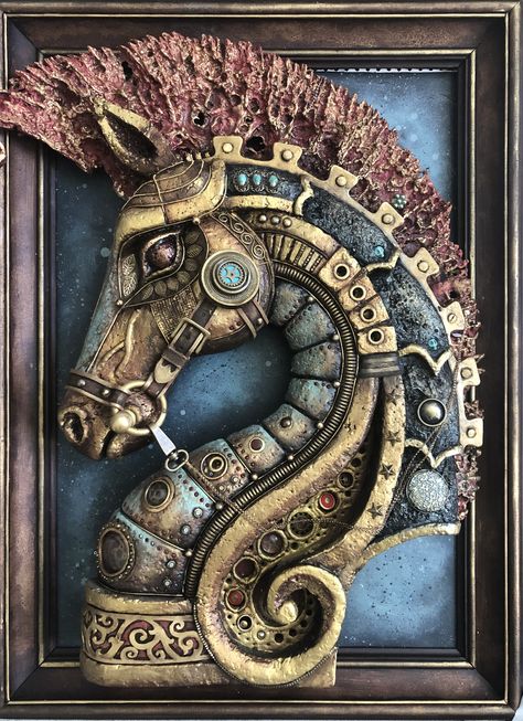 Steampunk Art Drawing, Steampunk Horse, Steampunk Sculpture, Horse Head Sculpture, Styrofoam Art, Steampunk Animals, Steampunk Crafts, Mixed Media Art Canvas, Head Sculpture