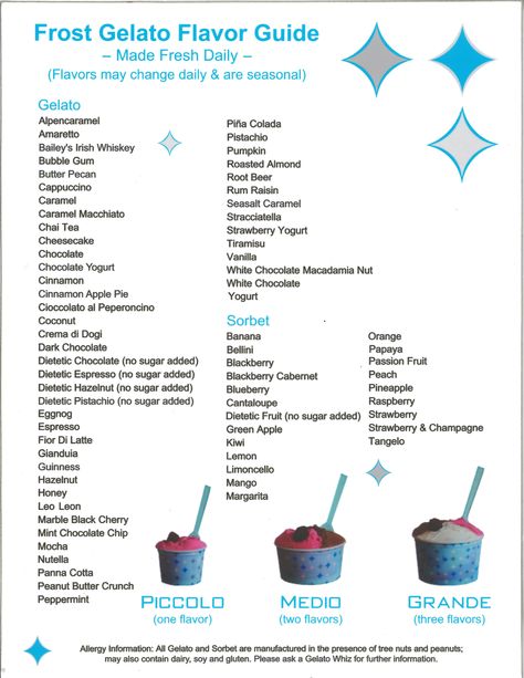 Frost Gelato Flavor List Gelato Flavors Ideas, All Ice Cream Flavors List, What Is Gelato, Gelato Flavors List, Vanilla Gelato, Gelato Flavors, Gelato Recipe, Gelato Shop, Rum Raisin